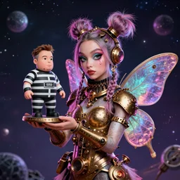 surreal photorealistic cartoon art of grimes as a cosmic steampunk fairy holding a miniature elon musk prisoner. synthwave