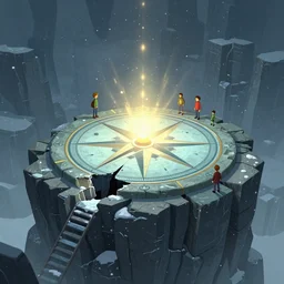 on a blizzard day, a huge and mysterious star watching compass stone platform on the cliff of genesis began to break, and light burst out from the compass. mysteries, simple by victo ngai, kilian eng and jake parker, anton fadeev, 2 d