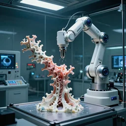 a complex thick bifurcated fractal robotic cnc surgical arm cybernetic symbiosis hybrid mri 3 d printer machine making some organic ceramic fractal forms in a glass living room laboratory room with control panels, camera lens orbs, dramatic lighting, film still from sci fi movie,
