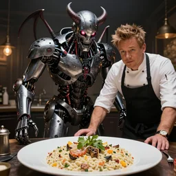 hyper realistic 3 d apocalyptic demonic satanic robot apocalypse live laugh love 4 k next to chef ramsay risotto