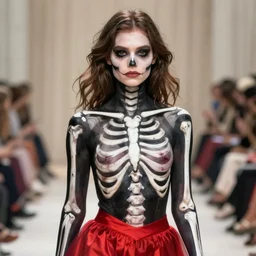 mila jovovich wearing skeleton bodypaint, corpsepaint, and a crimson skirt, hyper realistic digital illustration, hd, intricate, depth of field, soft lighting, elegant