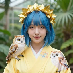 symmetry!. portrait photograph of an extremely beautiful!!!! young female with blue hair, symmetric face!. round detailed eyes!!, slight smile. shallow focus!!!. bokeh. natural light. wearing a yellow!!!!!! kimono!! with a very detailed barn owl! on her shoulder in a tropical greenhouse. looking at the camera!!. golden crown!! made of golden leaves on her head. super resolution. extremely detailed face.
