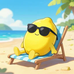 A lemon character with sunglasses relaxing at a beach