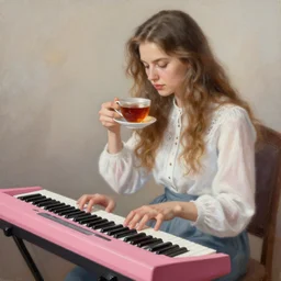 highly detailed painting of beautiful russian girl playing a pink keyboard with a cup of tea, realistic,