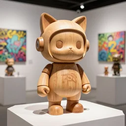 8 k octan, advertising, highly detailed, photo, a totally wooden figurine collectible art toys wooden on feet, very cute fat cyborg with cat ears, cyberpunk, graffiti ratio, design, showroom dealership indoor display convention exhibition a contemporary art gallery masterpiece - a k _ dpm _ 2