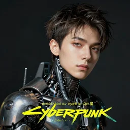 “ portrait photo of half - cyborg k - pop male star, cyberpunk ”