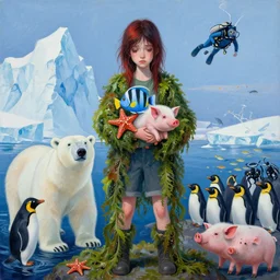 a tall emo girl holding a tropical fish and a piglet in antarctica, starfish, covered in seaweed, polar bear, icebergs, penguins, schools of fish, scuba, pigs, acrylic on canvas, surrealist, by magritte and monet