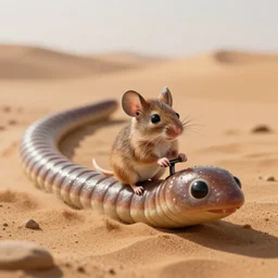 close up a tiny sentient desert mouse steering a giant sandworm, macro focus,
