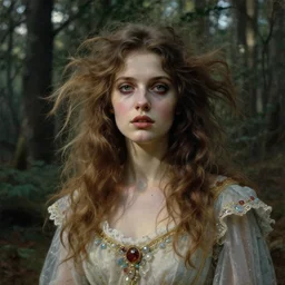 a beautiful and eerie baroque painting of a gorgeous young woman in dead space, with wild hair and haunted eyes, 1 9 7 0 s, woodland, afternoon light, delicate ex embellishments, painterly