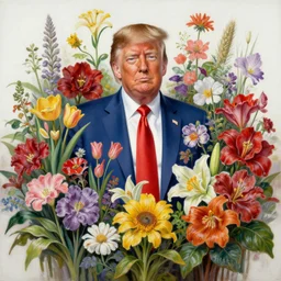 highly detailed oil painting of donald trump surrounded by all the known species of flowers by olaf hayek, by moebius, by oliver vernon, by joseph moncada, by damon soule, by manabu ikeda, by kyle hotz, by dan mumford, by kilian eng