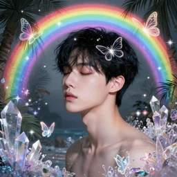 harmony of neon tiny butterfly stars, mute, coherent, fairies, crystals, emotional black haired yoongi eyes closed, tropical oasis, rainbow lineart! by wlop, james jean, victo ngai, rainbow overlay! beautifully lit, muted colors, highly detailed, fantasy art by craig mullins, thomas kinkade