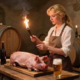 hot blonde working in a wine cellar, food, pork, beer, schnapps, rustic, traditional, torches on the wall, watercolor by vladimir volegov and carl larsson