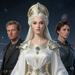 portrait of the powerful empress of the solar system in the style of vladimir kush and in the style of ralph mcquarrie. glowing, ornate and intricate linework, stunning, dynamic lighting, ultrafine and hyperdetailed.
