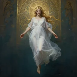 breathtakingly detailed concept art painting portrait of a goddess floating on the sea floor, blond hair in a white sheer dress, full body, orthodox saint ornate background, by hsiao - ron cheng, very moody lighting, 8 k