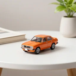 a small miniature of a orange Toyota TE27 on a white table near a book and a vase with a plant, hyperrealistic, concept art, octane render, unreal engine 5, path tracing, complementary colors, calm, relaxing, serene, product photo, centered, symmetrical