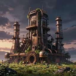 a beautiful detailed render of industrial architecture megalith by beeple, steampunk reclaimed by nature myst darkacademia lightpaint meadow nightsky landscape uv light at dawn, archdaily, wallpaper, highly detailed, trending on artstation.