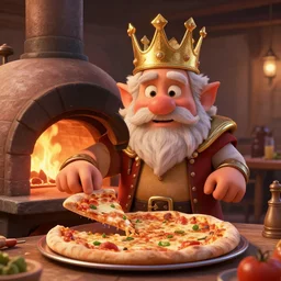 3 d render of a dwarf character who is a king, wearing golden crown, pizza topping, burning in a wood fired oven, cooking pizza, highly detailed octane render, artstation, surrealism, pixar