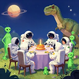 Astronauts are having a party with a green aliens and some dinosaurs on Pluto, by Jordan Grimmer, digital art, trending on Artstation,