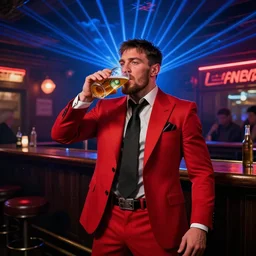 conor mcgregor wearing a flashy red suit, drinking a beer in an irish pub, laser show with blue cloud patterns, well framed, neon standup bar, trending on art station, in the style of the movie heat with al pacino, volumetric lighting & shadows, digital art, unreal engine, 4 0 0 mm f 1. 2,