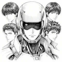portrait of futuristic cybernetic man with cool helmet and mask, pen and ink, intricate line drawings, by craig mullins, ruan jia, kentaro miura, greg rutkowski
