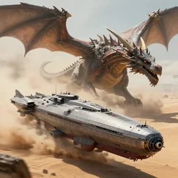 ! dream highly detailed a war airship fights a giant dragon in a sand storm, 4 k, photorealistic, unreal 5
