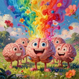 surreal hyperrealistic detailed landscape painting of a group of cartoon brain people with legs with human eyes and teeth with a big grinning smile, looking happy, vibrant feel, bursts of color, color ink explosion, beautiful spectrum of vibrancy, flowers falling from the sky, in the style of Stephen Gibb Art, hyper detailed, trending on Artstation