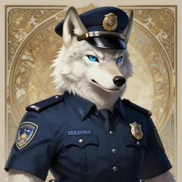 photography of a male anthropomorphic albino wolf fursona police officer, deep focus, intricate, elegant, highly detailed, digital painting, artstation, concept art, matte, sharp focus, illustration, art by artgerm and greg rutkowski and alphonse mucha
