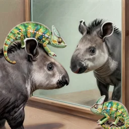 tapir seeing a chameleon in the mirror by boris vallejo, highly detailed