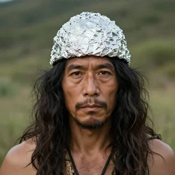 portrait of a caveman with a tinfoil hat