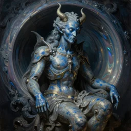 baroque neoclassicist renaissance close - up portrait of blue demon seated inside singularity, with high tech body interface. iridescent textures. highly detailed fantasy science fiction painting by chris cunningham and mikhail vrubel. dark and volumetric. trending on artstation