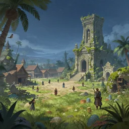 low angle wide shot, the elder scrolls vi hammerfell, capital city, marketsquare, mesa, oasis, ruined temple covered with moss, meadows, sub tropical, illustration, spring, night time, cold starry sky, perfectly shaded, soft painting, art by mark kent, jordan lamarre - wan, igor kieryluk, maxim verehin, miranda meeks