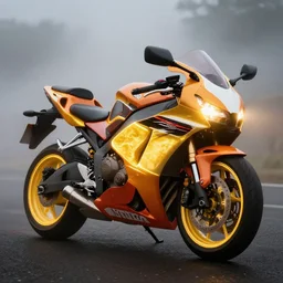 a glowing honda cbr 6 0 0 motorbike, foggy background, hyperrealistic, volumetric golden dappled dynamic lighting, highly detailed, sharp focus, the matrix style