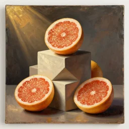 still life painting of an impossible geometric structure by pieter claesz, oil on canvas, strong lighting, highly detailed, sliced grapefruit, hyper realism, golden hour, god rays, hd, 4 k