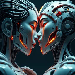 vibrant sculpture of asian cyborg couple kissing eachother, face center to the camera, style by laurie greasley gustave dore ron english, cybernetics, cinematic dramatic lighting, hyper realistic detailed intricate render, hypermaximalist, ornate, 8 k, cryengine octane blender, sharp focus, concept art,