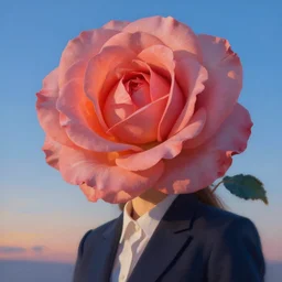 closeup, giant rose flower as a head, portrait, girl in a suit, surreal photography, sunrise, blue sky, dramatic light, impressionist painting, digital painting, artstation, simon stalenhag