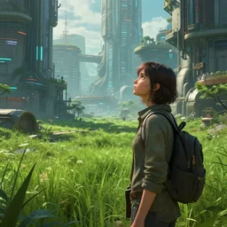 a girl in cyber city slums, dreaming of green pastures, futuristic atmosphere, sci - fi, volumetric lighting, by rembrandt and wlop, intricate, detailed, photorealistic imagery, artstation