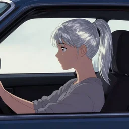 girl silver ponytail hair, driving a car, illustration by Yoji Shinkawa and Krenz Cushart, cinematic portrait