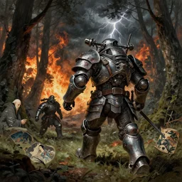 runs away from men on the forest, composition gothic and futuristic, warhammer, cyber japan armor, more scars, fire storm, thunderstorm, the middle ages, highly detailed, artstation, moebius, jugendstil and classic japanese print, art rene magritte and george stubbs