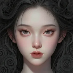 perfectly detailed closeup portrait of a beautiful mysterious girl, cute eyes, swirly intricate linework background by stanley artgerm lau, smooth, digital painting, by greg rutkowski and hr giger, zbrush, trending on artstation