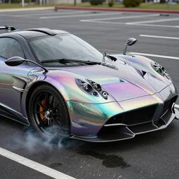close - up of an iridescent rainbow pagani huayra in an empty parking lot, after crashing crumpled body, smoke, melted plastic, puddles of fluid, 4 k, highly detailed, award winning, look at all that detail!