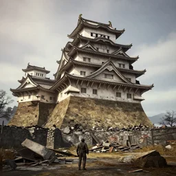 himeji castle in ruins post - nuclear war in fallout 4, in game screenshot