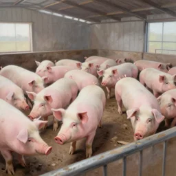 a pig farm, airbrush painting, pale, wide shot,
