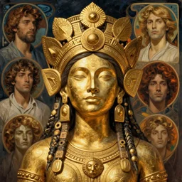 portrait of a Chibcha gold goddess by Kowalski and Heckel and Ríos and Rutkowski and Mucha and Brom and Miller