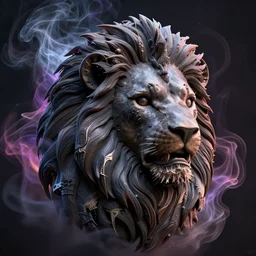 a beautiful detailed 3 d matte portrait of dark smoke in the shape of a lion, ominous, magical realism, texture, intricate, skull, skeleton, whirling smoke radiant colors, fantasy, volumetric lighting, high details