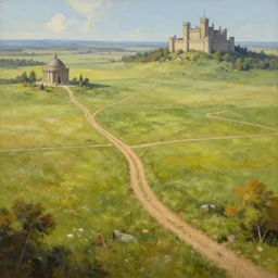 painting of a vast field in a large medieval kingdom, dirt paths in various directions and a temple and a large castle visible in the distance, trending on artstation