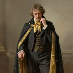 a victorian era bank investor with a gold scarf, cape, stars, melancholic, modern maximalist suit, is ( ( holding a cane ) ). light dust, magnificent, hyperdetailed, theatrical, painted by jean honore fragonard and greg rutkowski