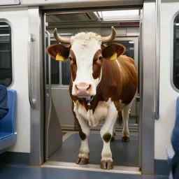 cow entering a subway vehicle