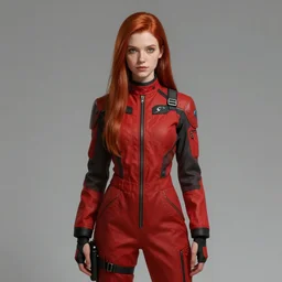 portrait of a woman by greg rutkowski and ayami kojima, she is about 2 0 years old, redhead, long straight hair, beautiful oval face, very tall and slender, wearing red and black utilitarian jumpsuit, older sister vibes, highly detailed portrait, scifi, digital painting, artstation, concept art, smooth, sharp foccus ilustration, artstation hq.