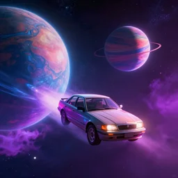 A car flying through space, in the distance is a planet, neon, colorful, hyper realistic