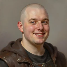 a head - on detailed oil portrait of a young handsome round - faced smiling bald man, by charlie bowater, lise deharme, wlop, trending on artstation, dungeon and dragons art, critical role